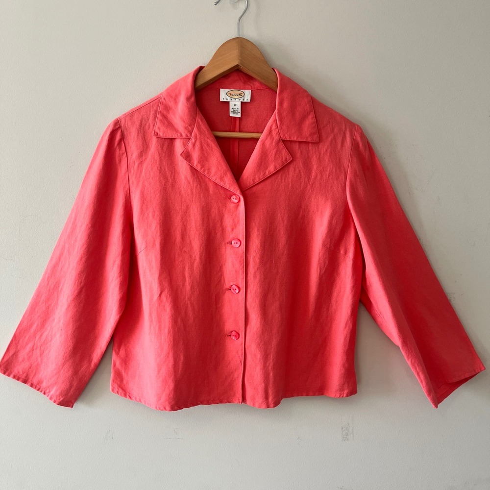 Talbots Linen Blend Button Up Light Jacket Coral Pink 10P Back Vent Detail